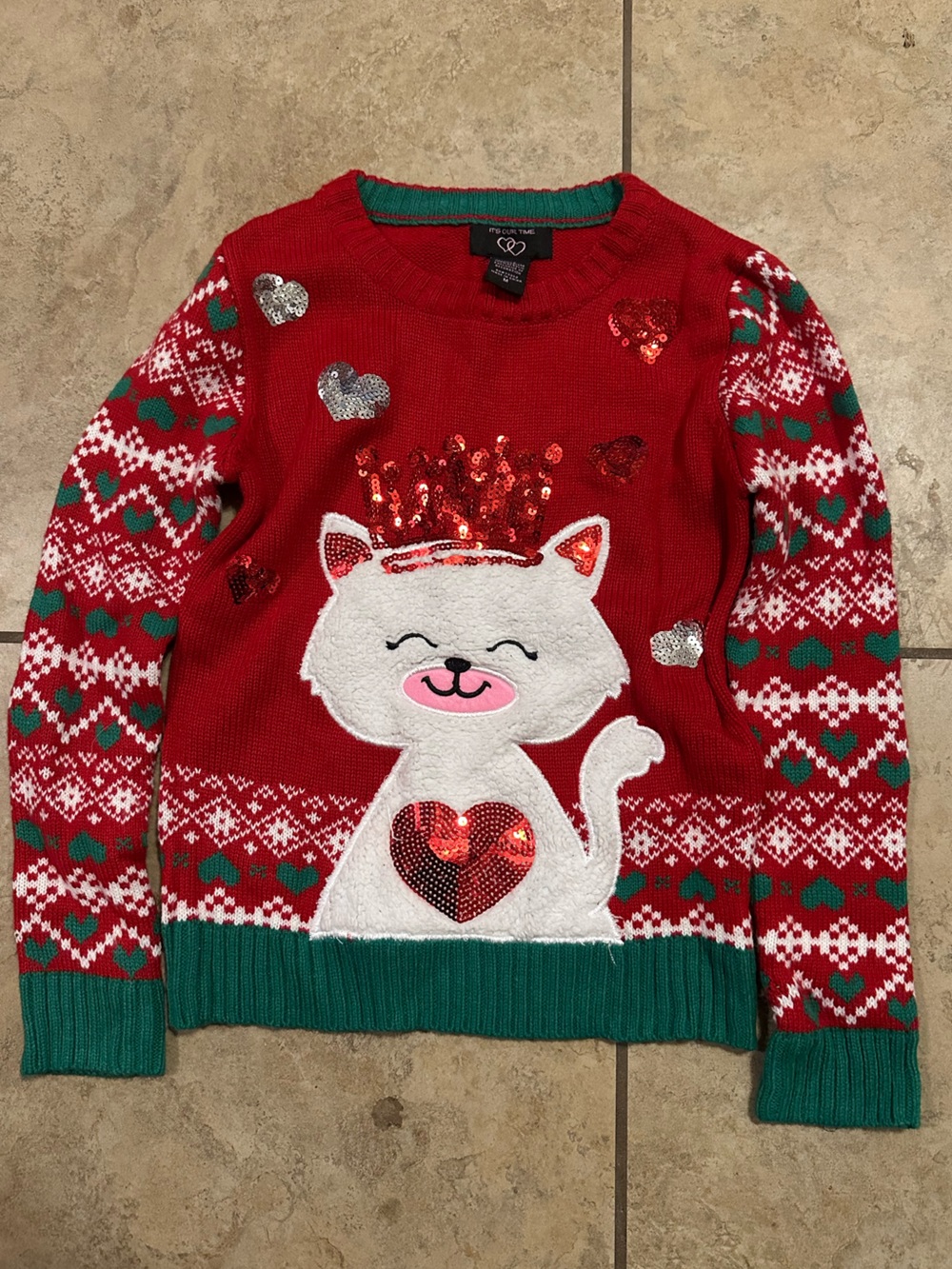 It's Our Time Red Green White Sequin Cat Holiday Sweater